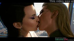 Elizabeth and meredith share lesbian kisses in cyberpunk