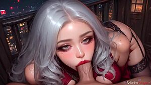 exquisite red dress hides the luscious body of a white haired girl who is having sweet sex on the balcony near the railing ai