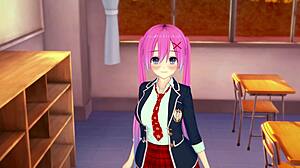 pink haired beauty teases then gives eager blowjob