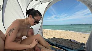Making Him Cum Publicly On Beach With Walkers Around
