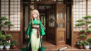 Ai generated green kimono goddess in lazy japanese corridor