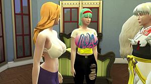 Anime cosplay trojka s Sesshomaruem svádějícím Bulmu a Rangiku