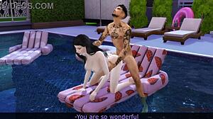 荡妇在泳池边和陌生人出轨，老公不在家