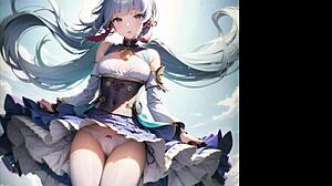 Odvážná AI ilustrace s velkými prsy hentai akce.