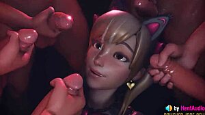 D.Va zkoumá svůj první obličejový výstřik v Overwatch. Intenzivní 3D animace zachycuje každý detail spermatu na její tváři.