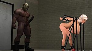 Blonde sexy menottée aux gros seins se fait pilonner par une grosse bite noire