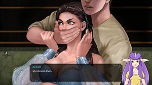 Syrová akce v What a Legend část 13 s nahou brunetní elfkou ukazující velká prsa a svalnaté tělo v voyeurské nahé zábavě