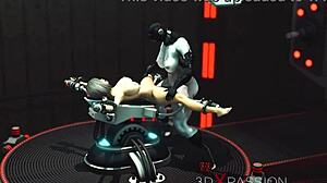 Sexy blonde cuffed, fucked by shemale cyborg in lab